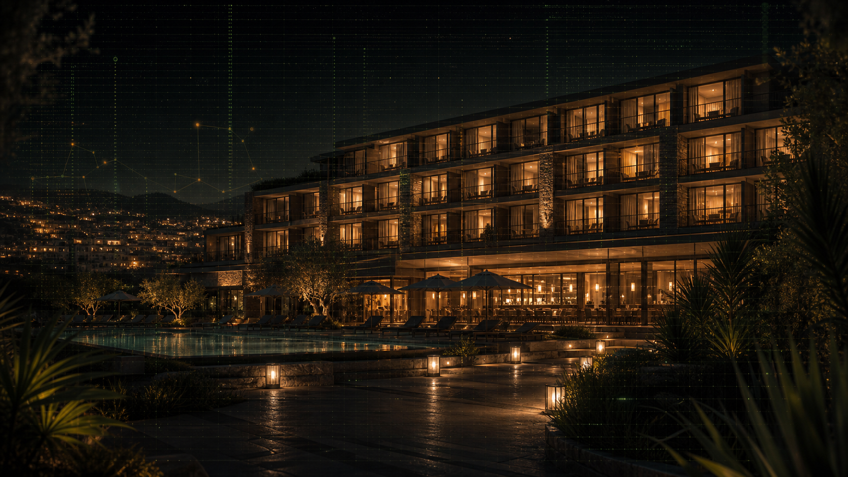 A managed hospitality property at night